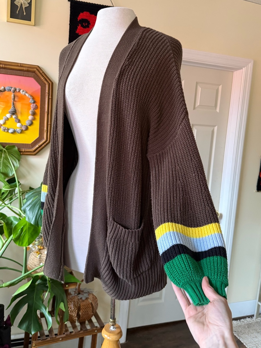 Urban Outfitters Boho Brown Women’s Cardigan with Green & Yellow Stripe Sleeve